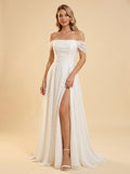 off-shoulder side slit wedding dress