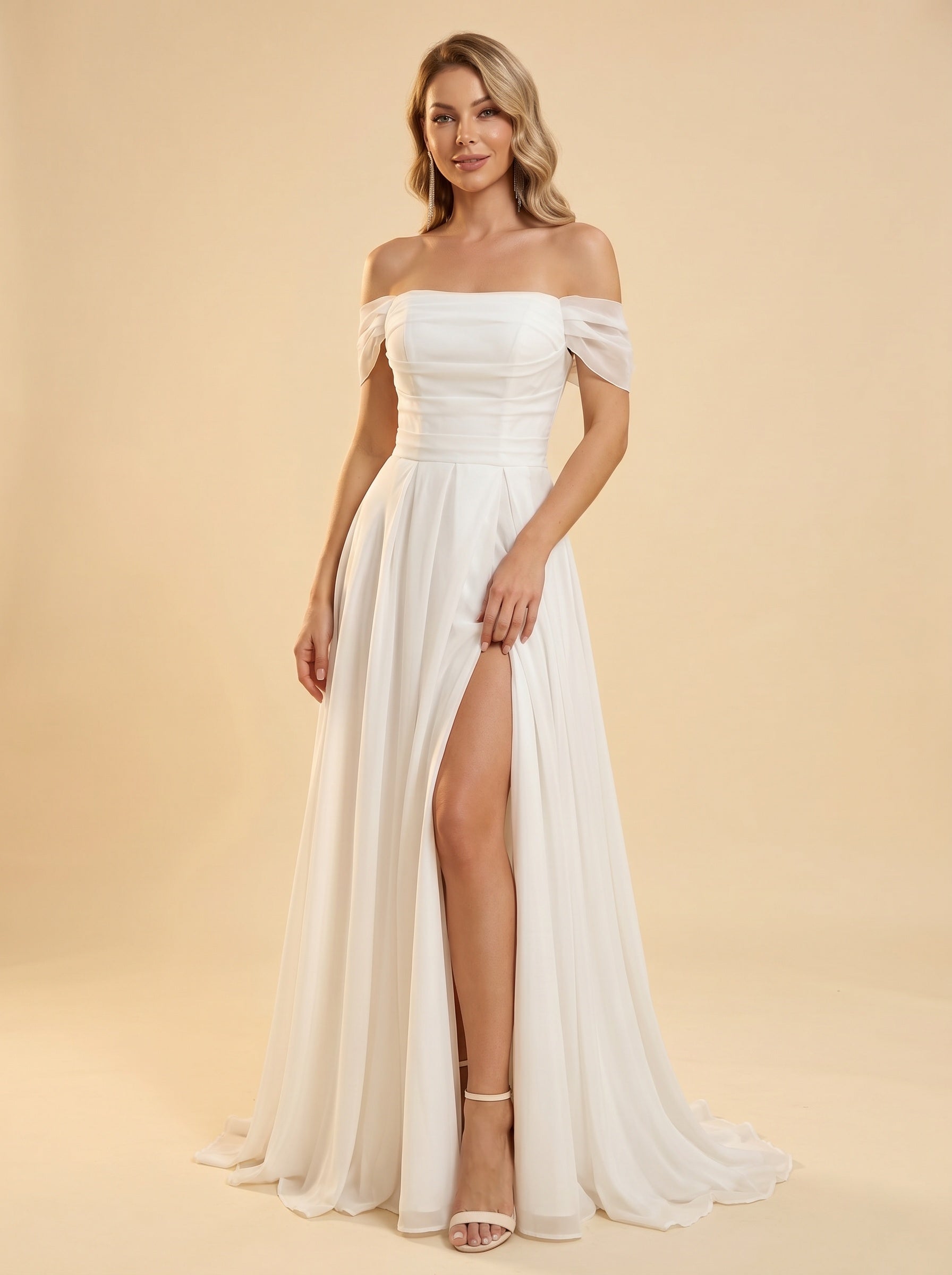 off-shoulder side slit wedding dress