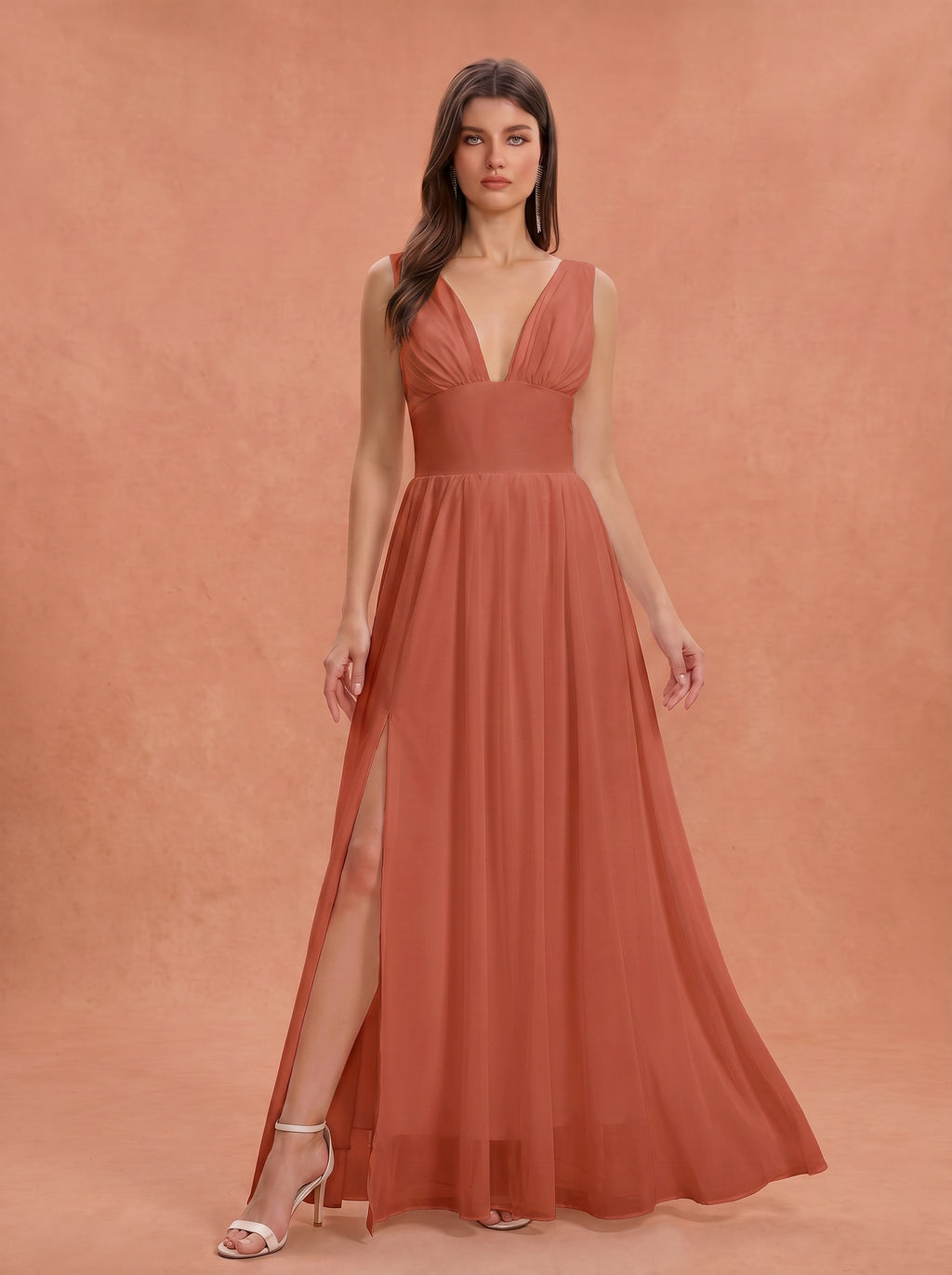 Ruched bust side slit Chiffon bridesmaid dress