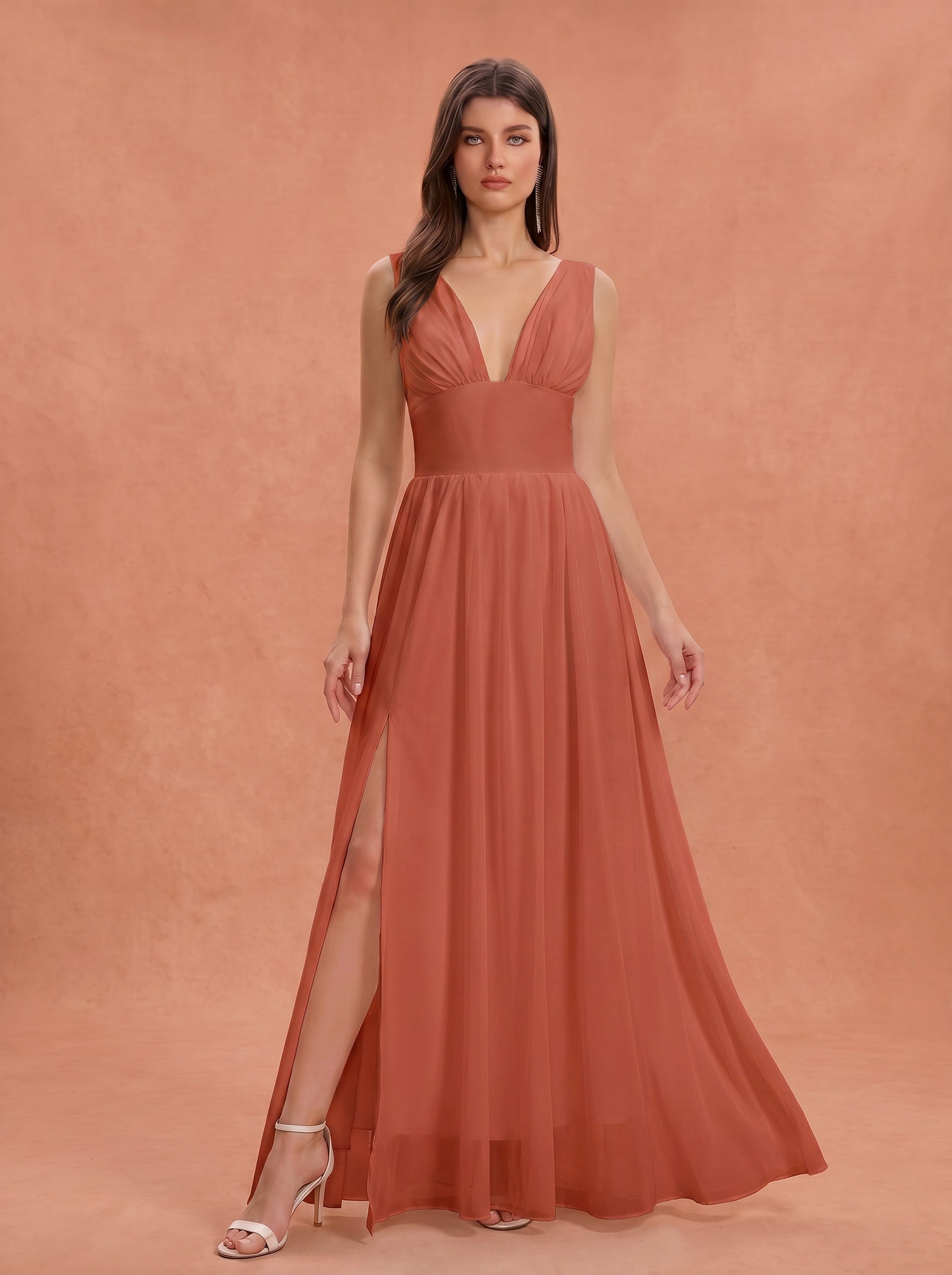 Ruched bust side slit Chiffon bridesmaid dress