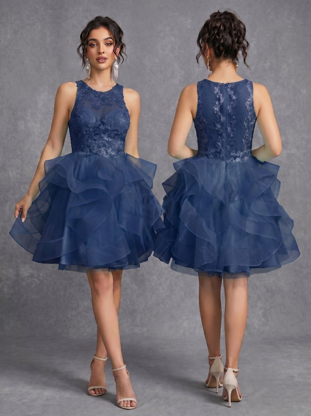 Irregular skirt layered sequins appliques tulle prom dress
