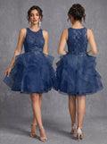 Irregular skirt layered sequins appliques tulle prom dress
