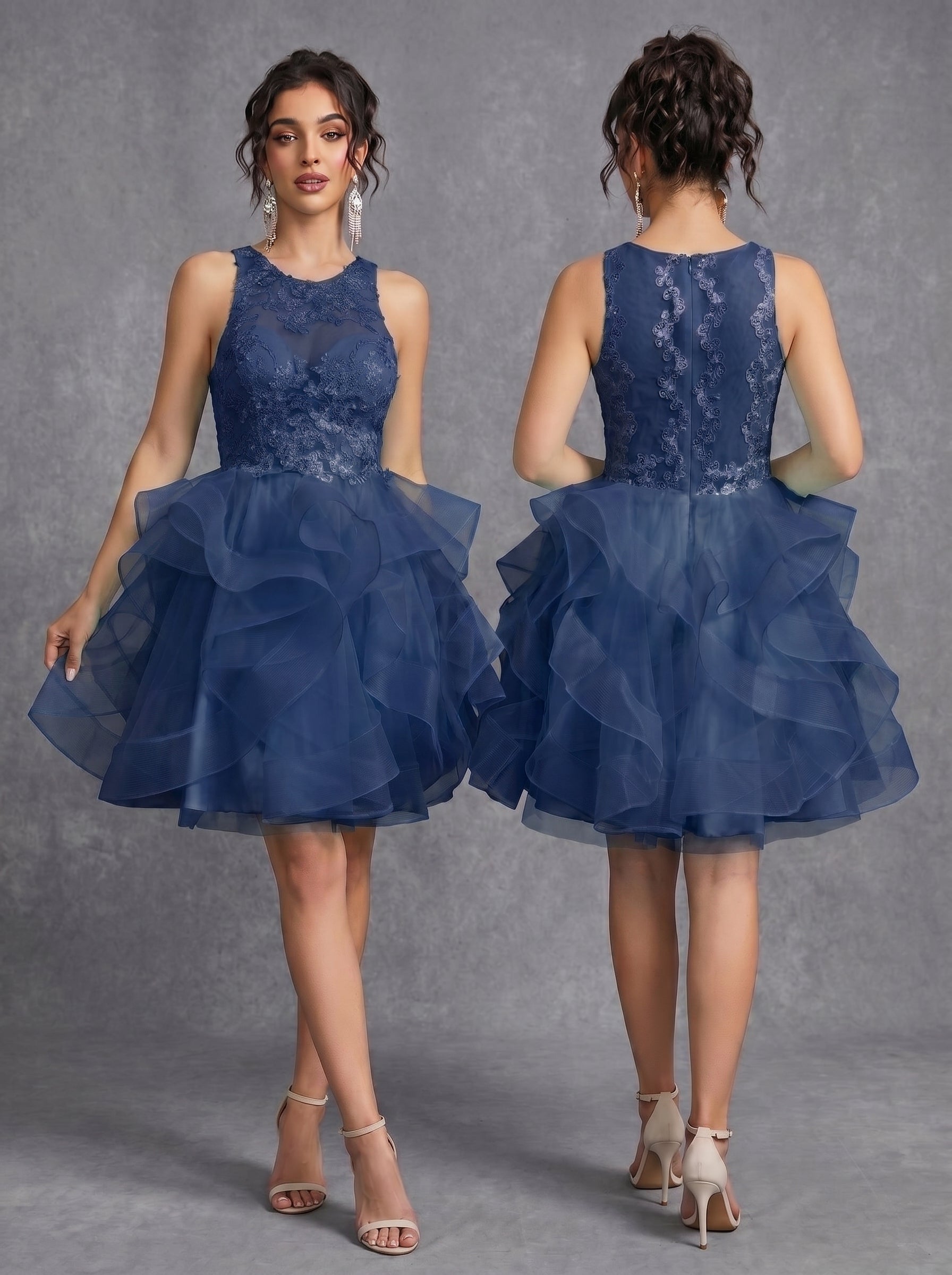 Irregular skirt layered sequins appliques tulle prom dress