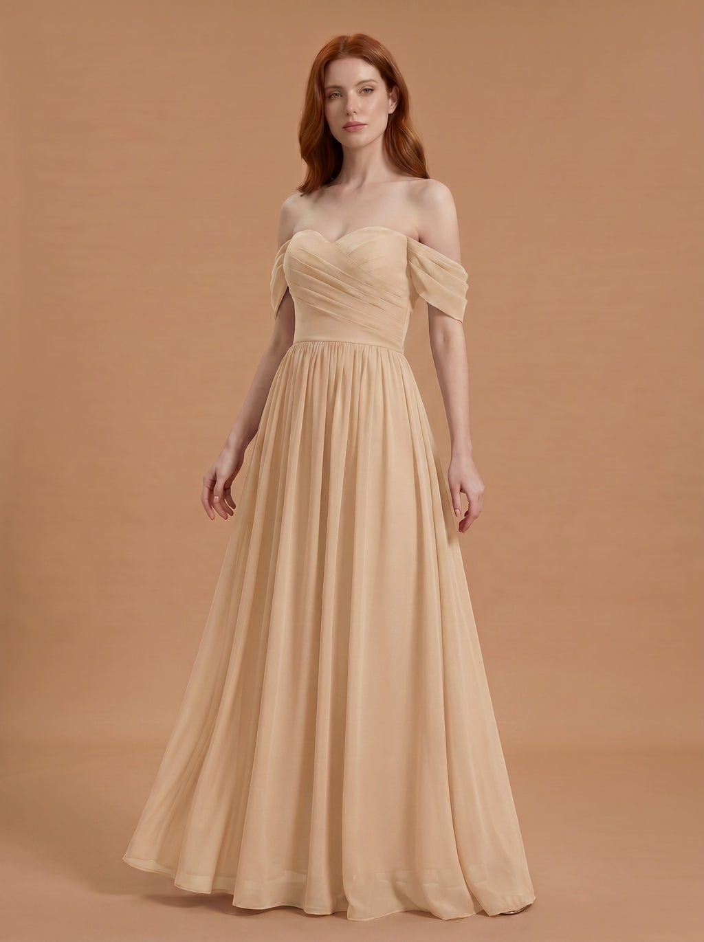 Off shoulder ruched bust Chiffon bridesmaid dress
