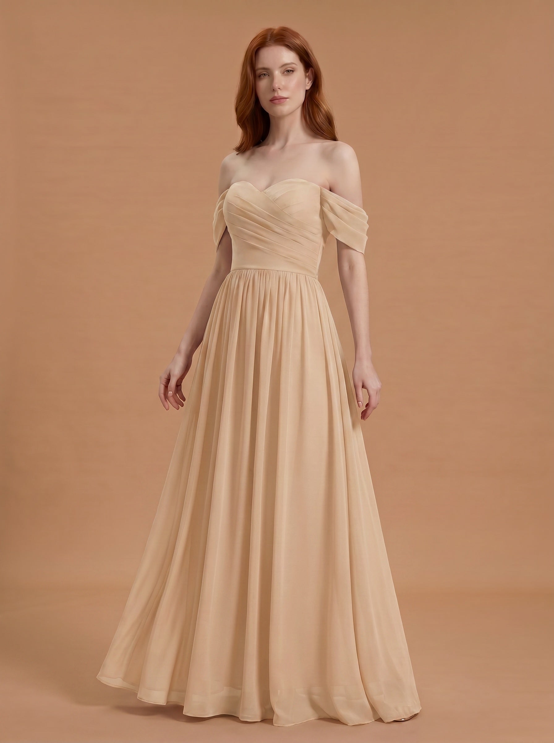 Off shoulder ruched bust Chiffon bridesmaid dress
