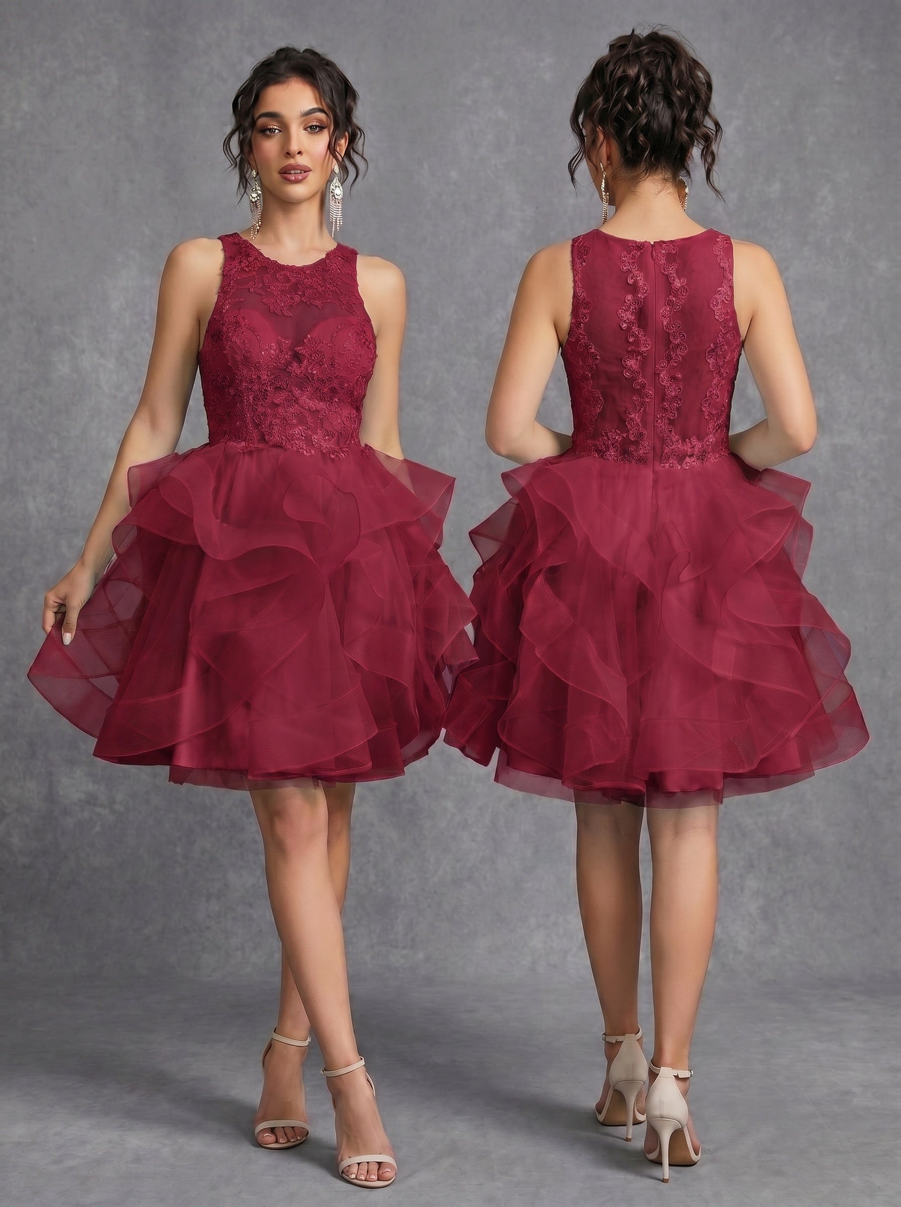 Irregular skirt layered sequins appliques tulle prom dress