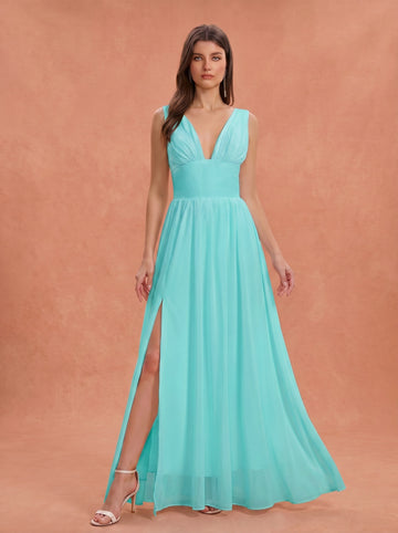 Ruched bust side slit Chiffon bridesmaid dress
