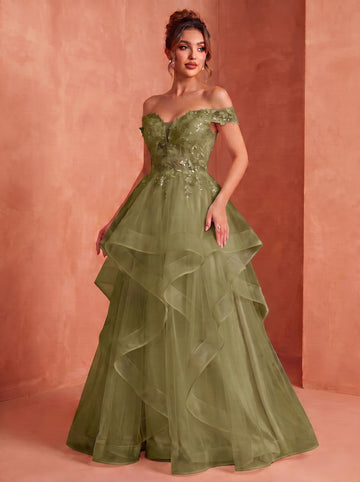 Off shoulder long prom gown