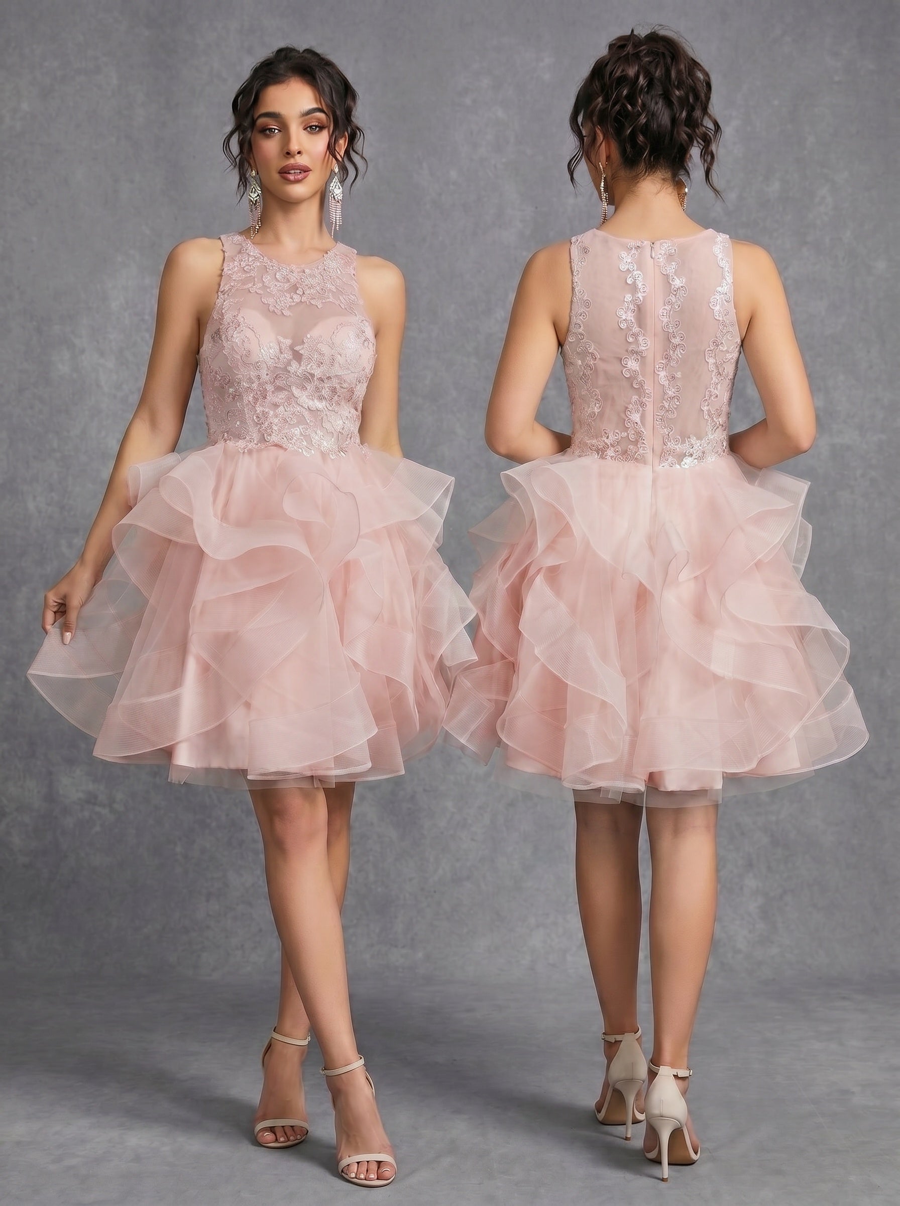 Irregular skirt layered sequins appliques tulle prom dress