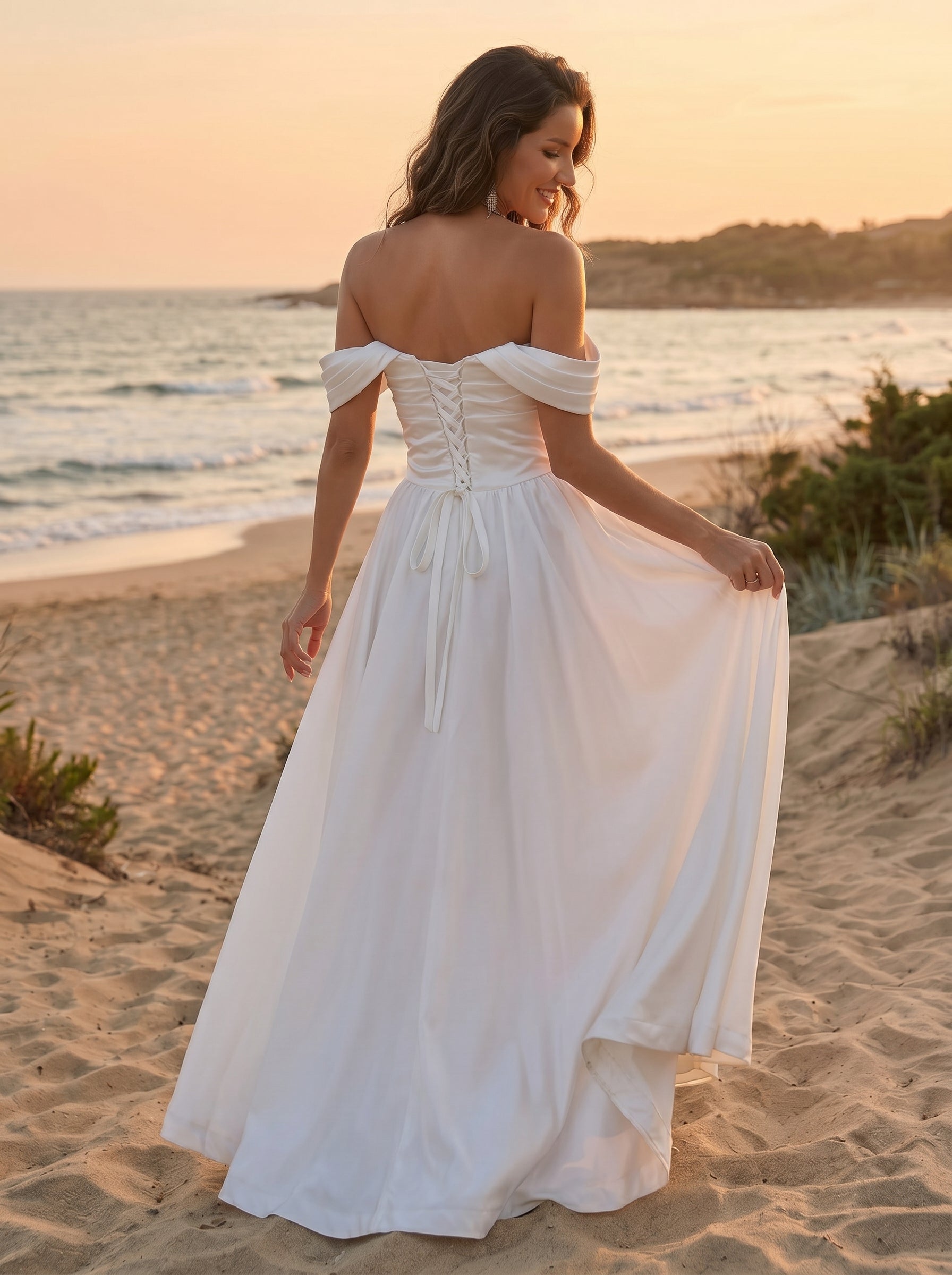 Ruched bust satin off-shoulder wedding dress