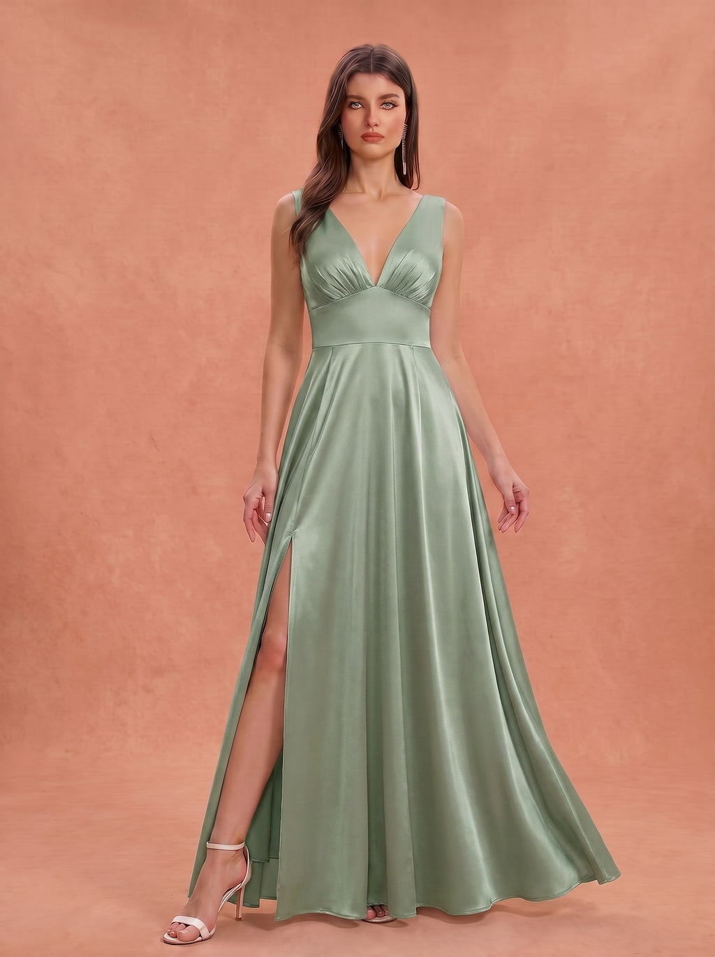 Ruched bust side slit satin bridesmaid / guest dress