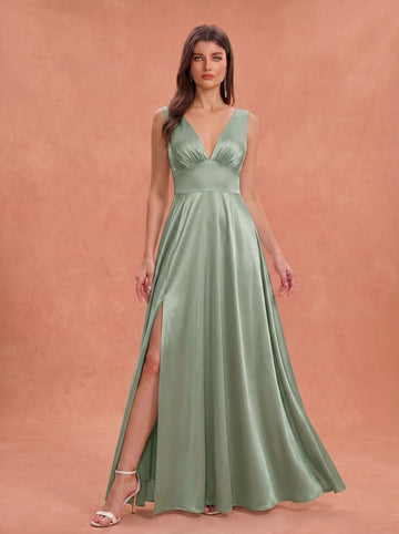 Ruched bust side slit satin bridesmaid / guest dress
