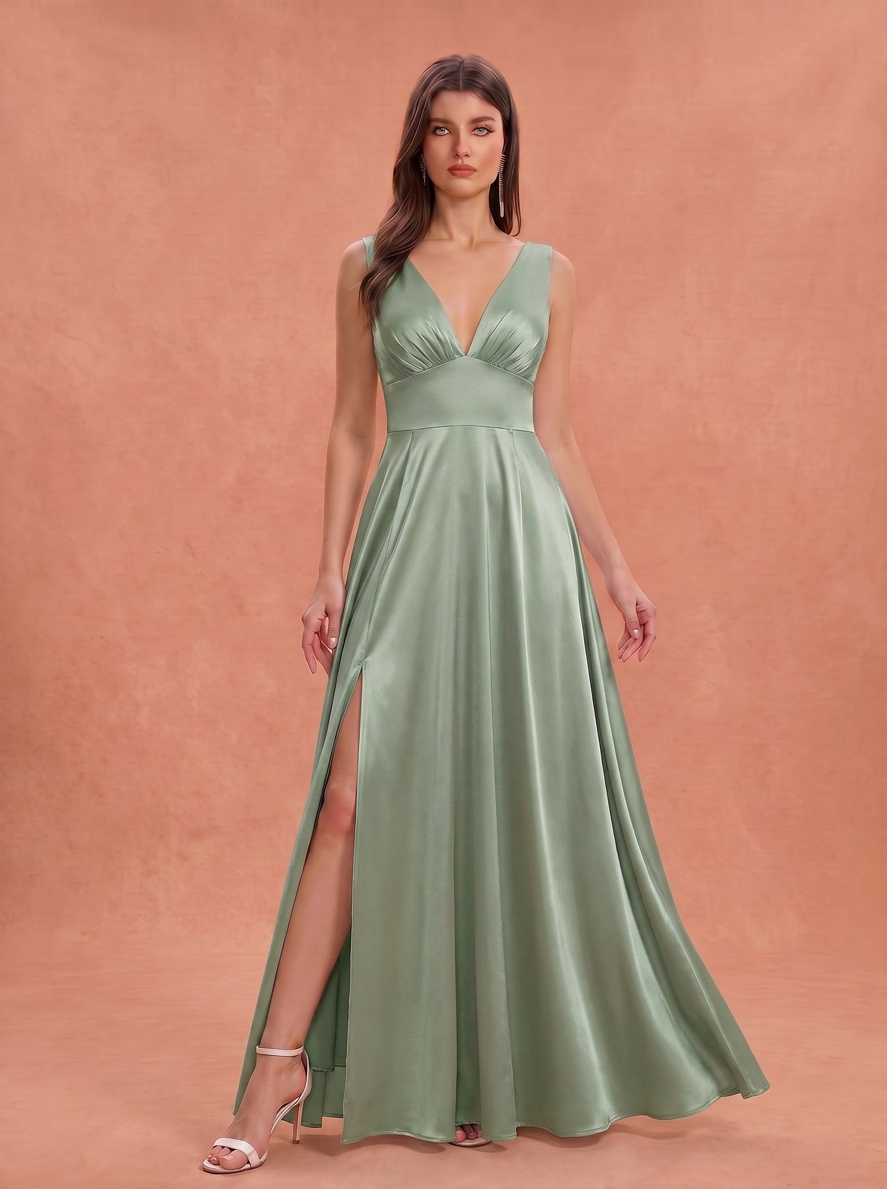Ruched bust side slit satin bridesmaid / guest dress