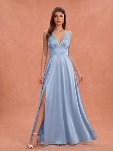 Ruched bust side slit satin bridesmaid / guest dress