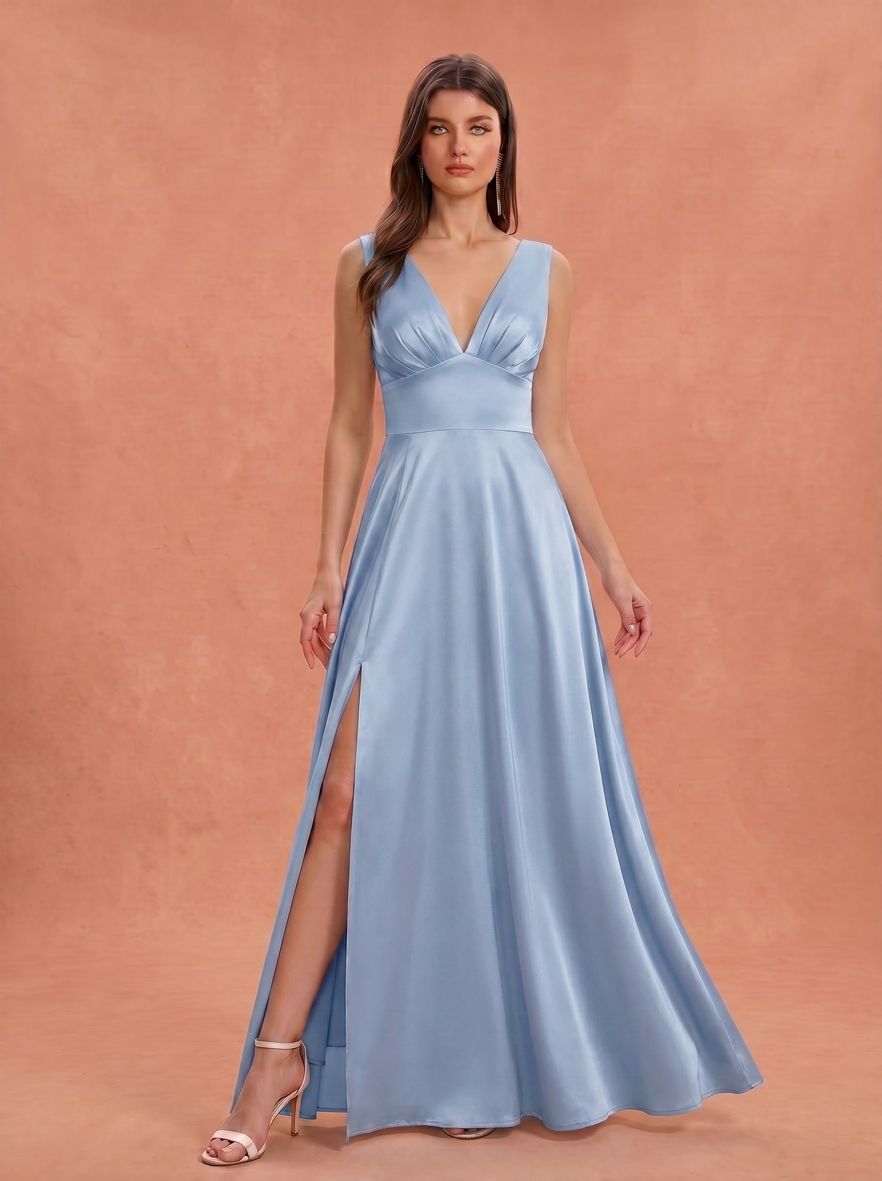 Ruched bust side slit satin bridesmaid / guest dress