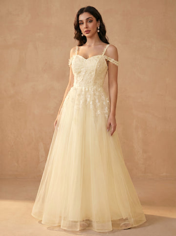 Off-shoulder appliques tulle prom dress