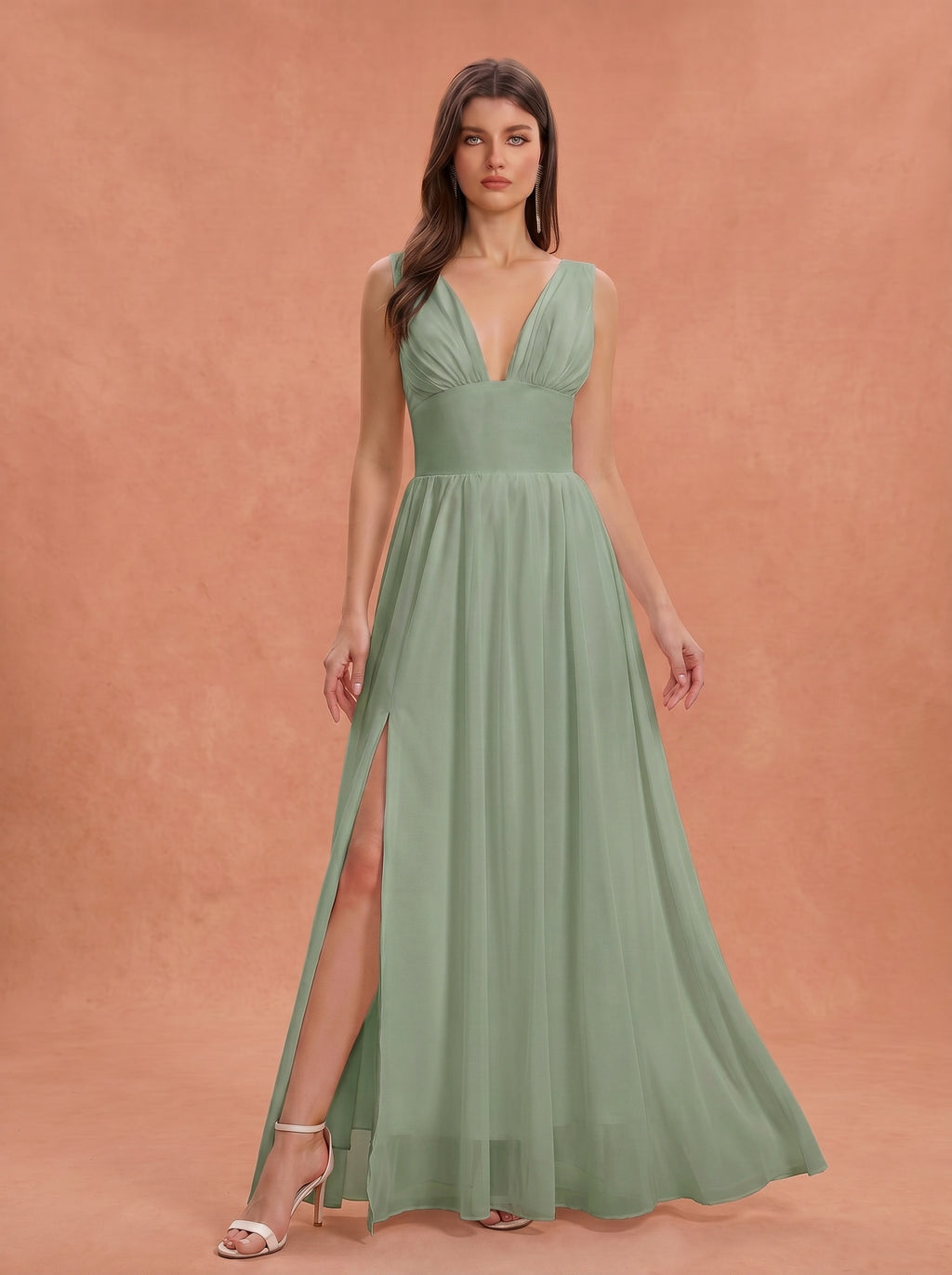 Ruched bust side slit Chiffon bridesmaid dress