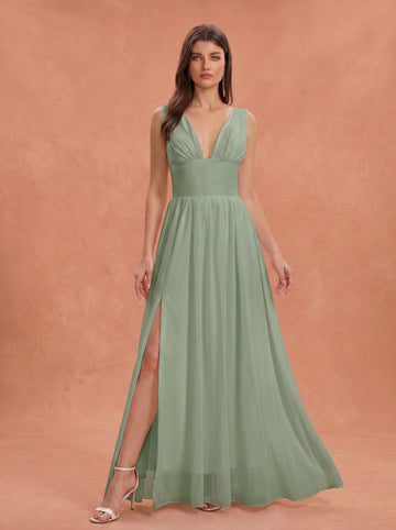 Ruched bust side slit Chiffon bridesmaid dress