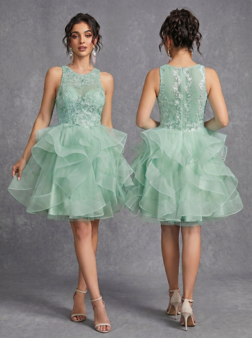 Irregular skirt layered sequins appliques tulle prom dress