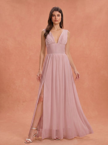 Ruched bust side slit Chiffon bridesmaid dress