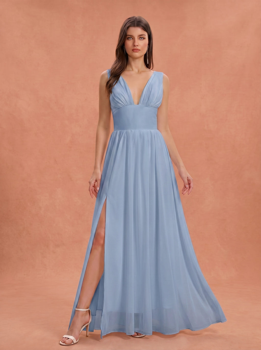 Ruched bust side slit Chiffon bridesmaid dress