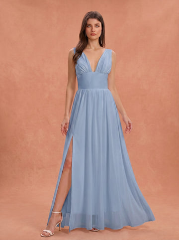 Ruched bust side slit Chiffon bridesmaid dress