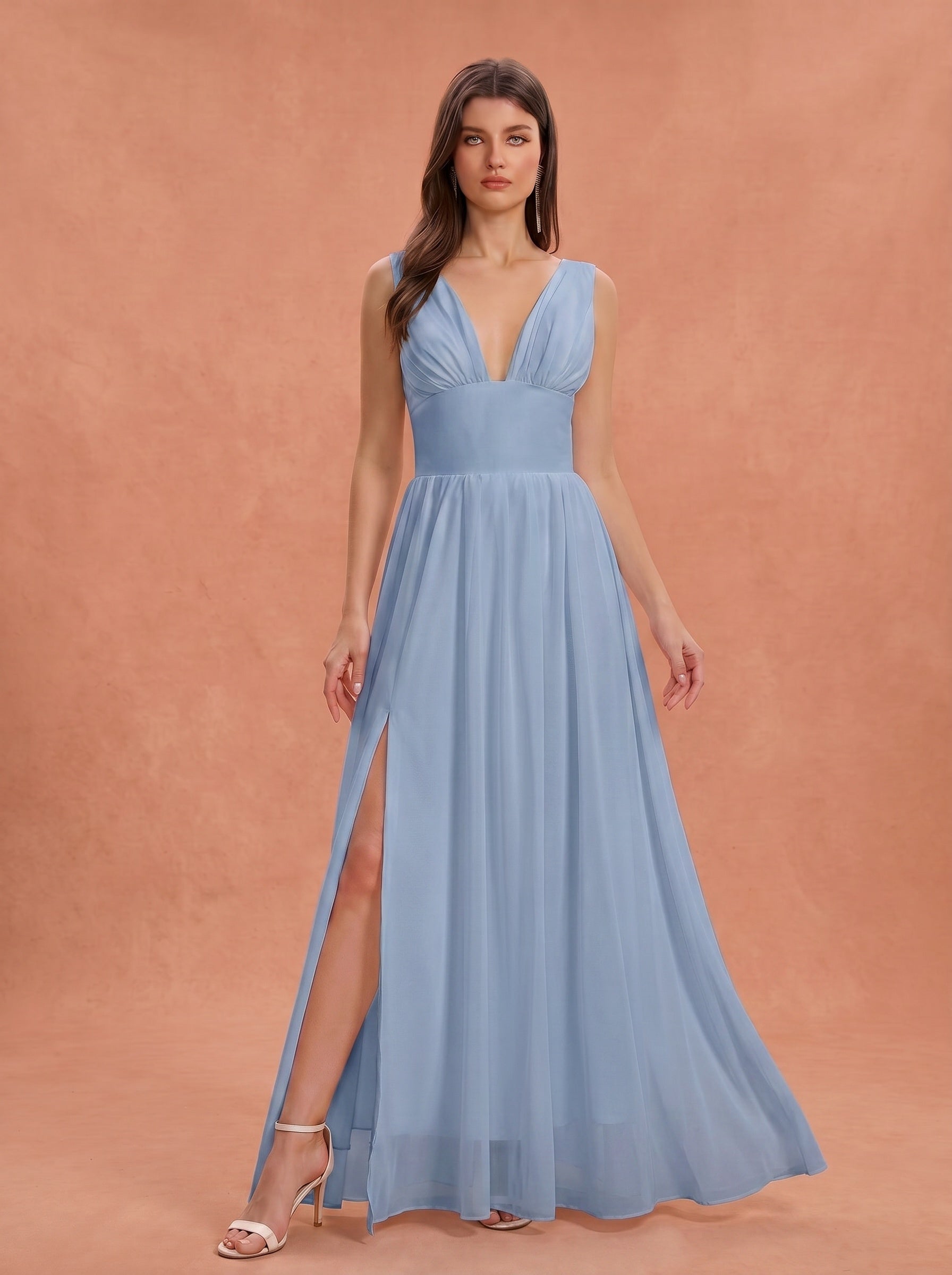 Ruched bust side slit Chiffon bridesmaid dress