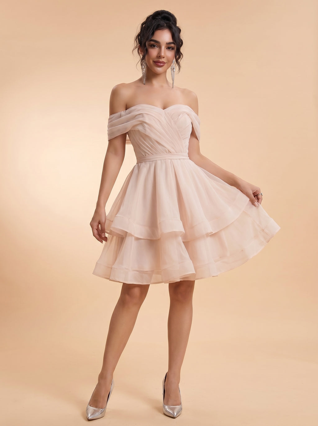 Short off-shoulder layered chiffon prom dress