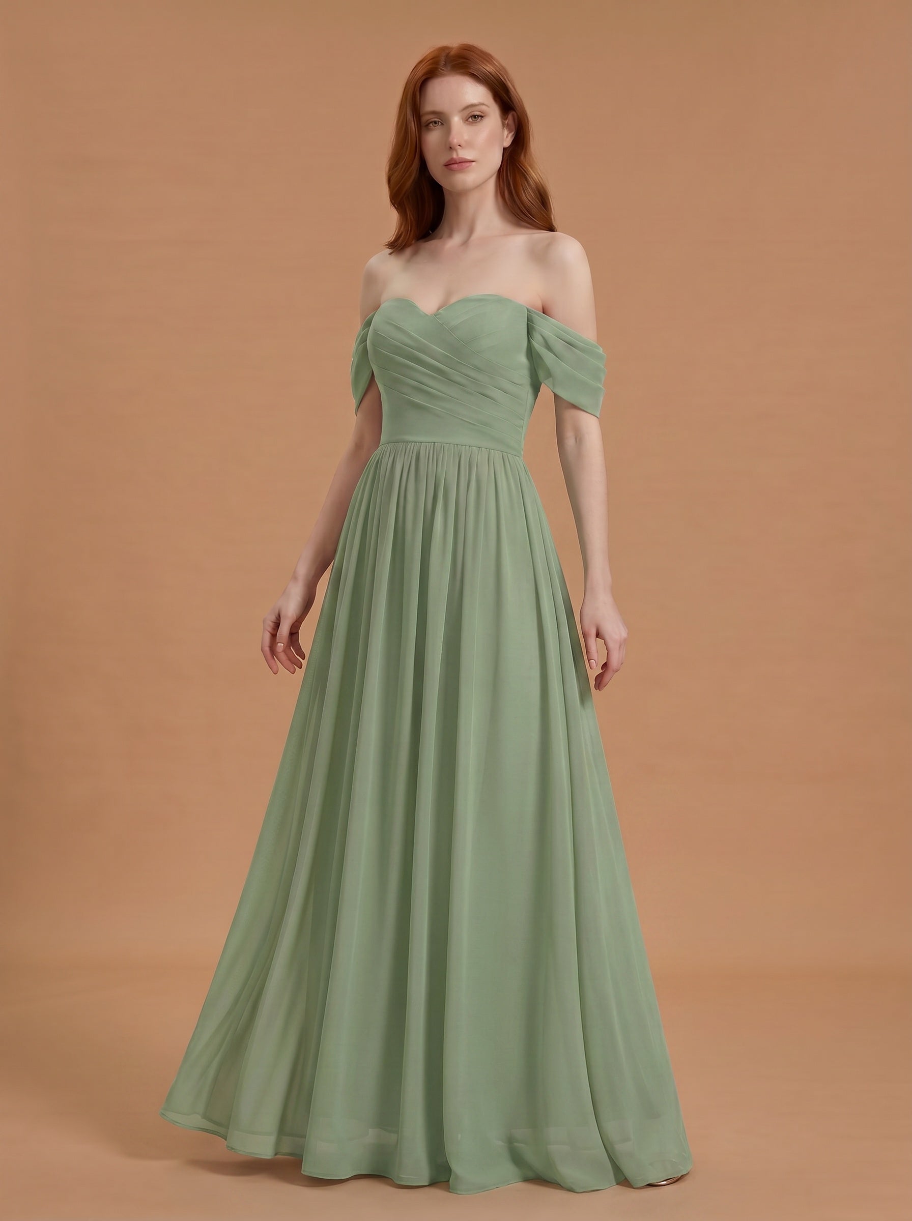 Off shoulder ruched bust Chiffon bridesmaid dress