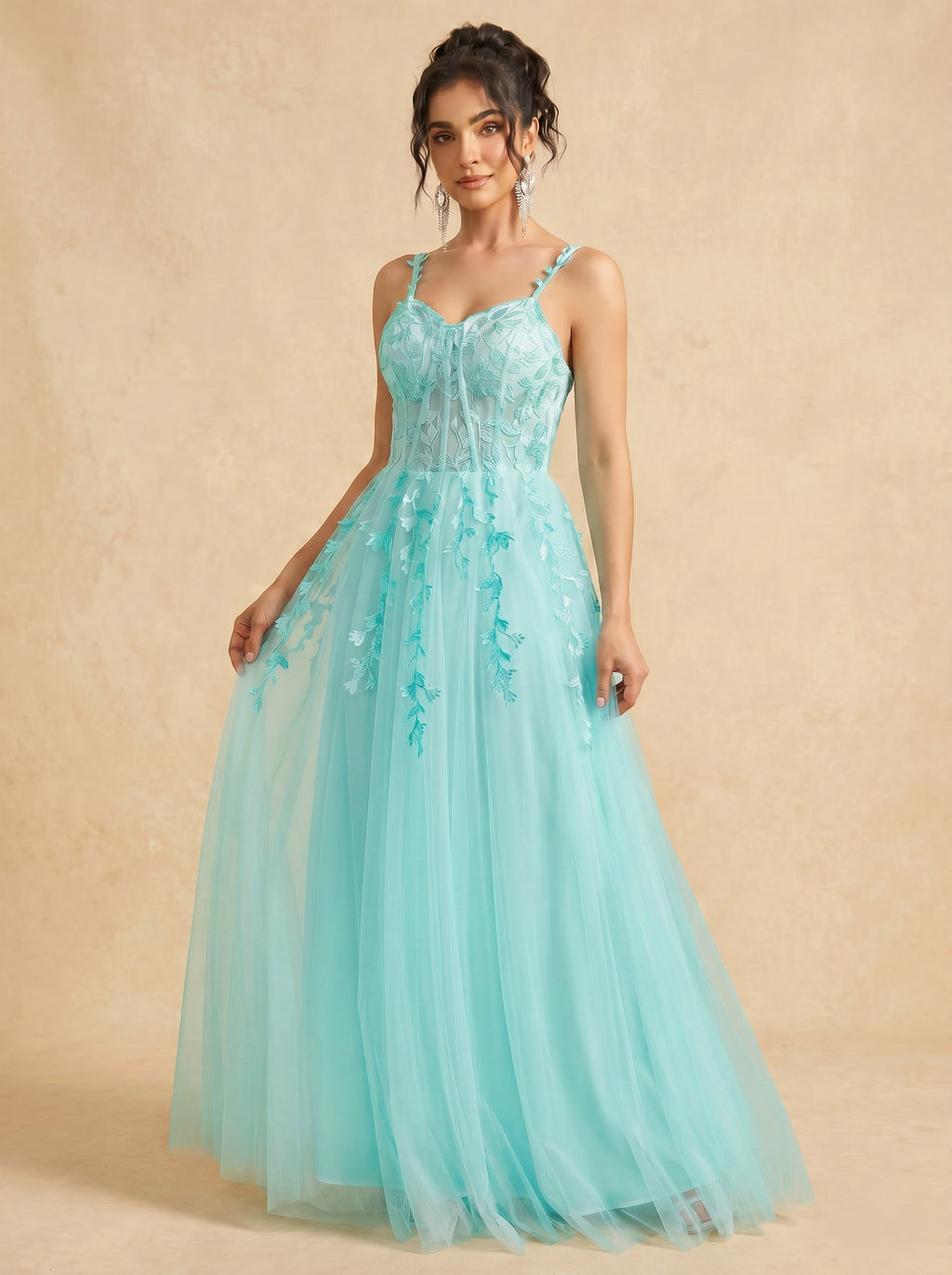 Leaves appliques tulle prom dress