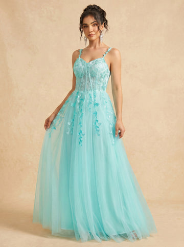 Leaves appliques tulle prom dress