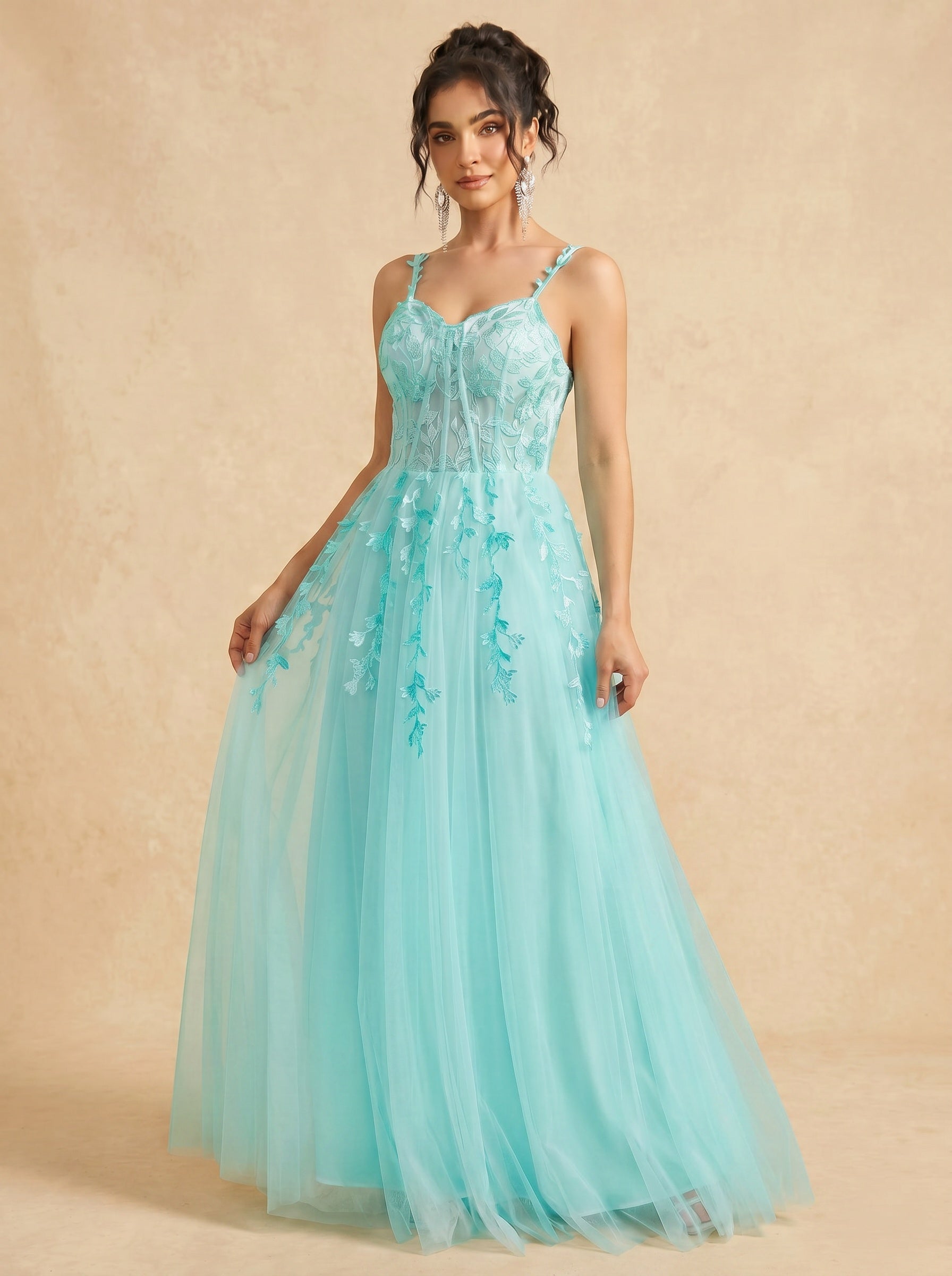 Leaves appliques tulle prom dress