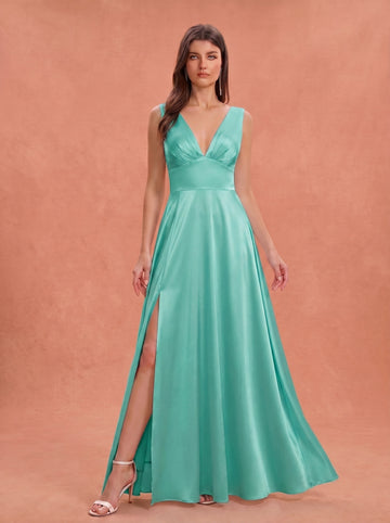 Ruched bust side slit satin bridesmaid / guest dress
