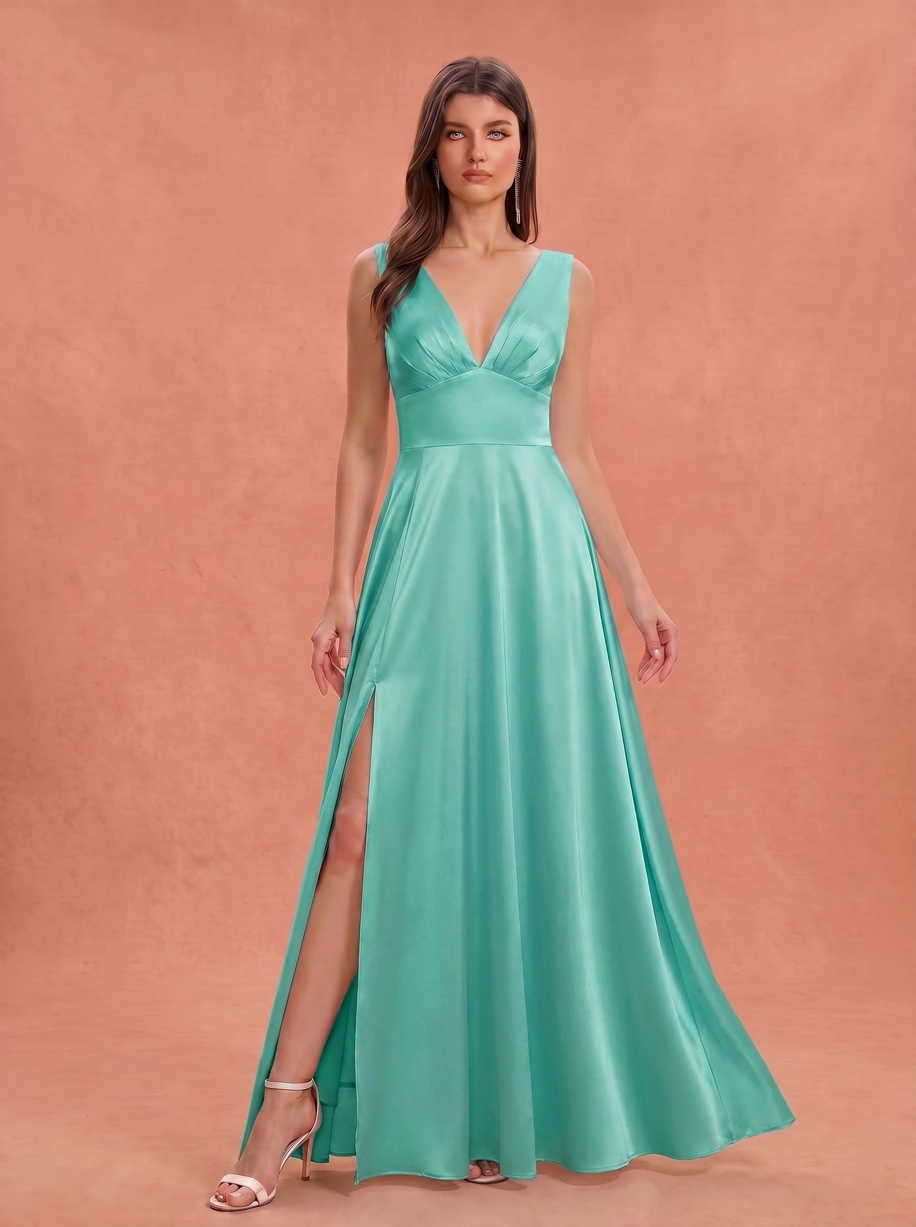 Ruched bust side slit satin bridesmaid / guest dress