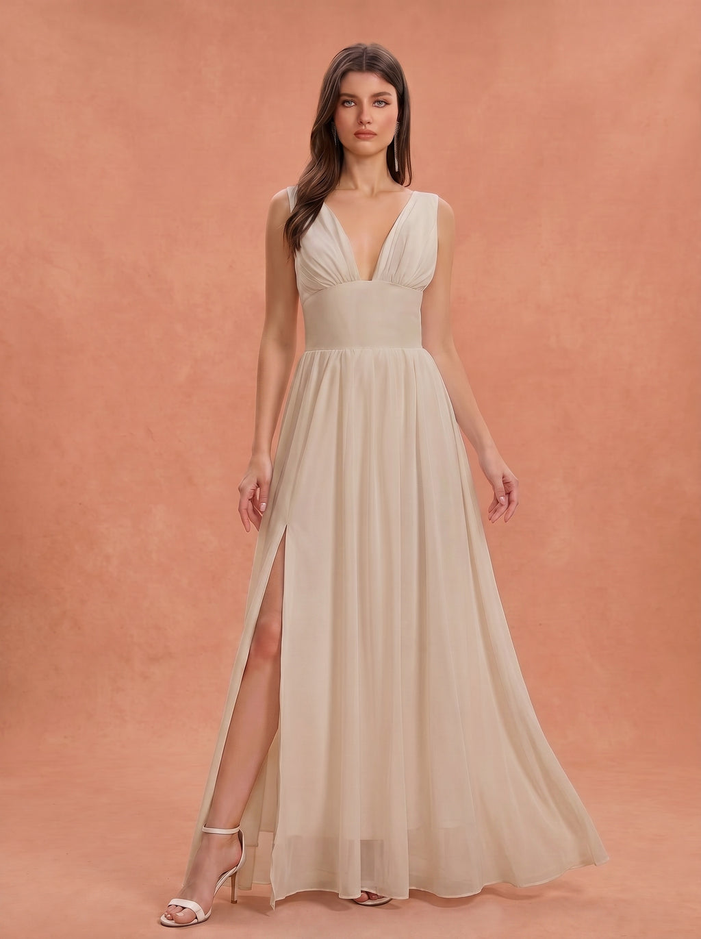 Ruched bust side slit Chiffon bridesmaid dress