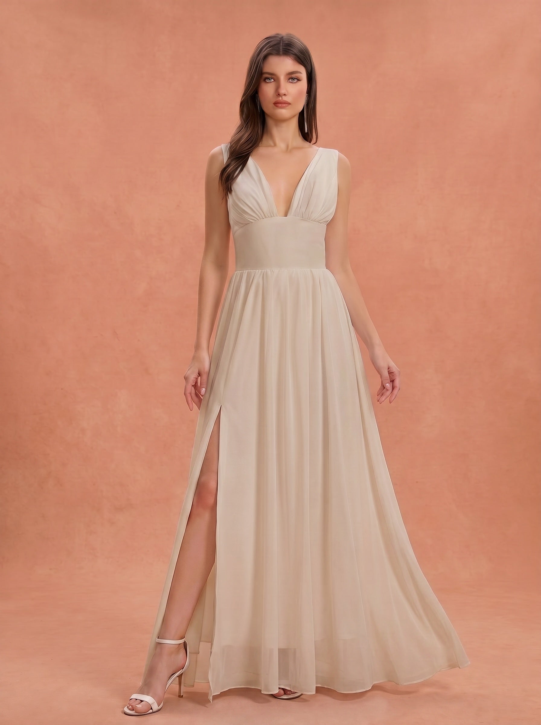 Ruched bust side slit Chiffon bridesmaid dress