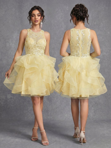 Irregular skirt layered sequins appliques tulle prom dress
