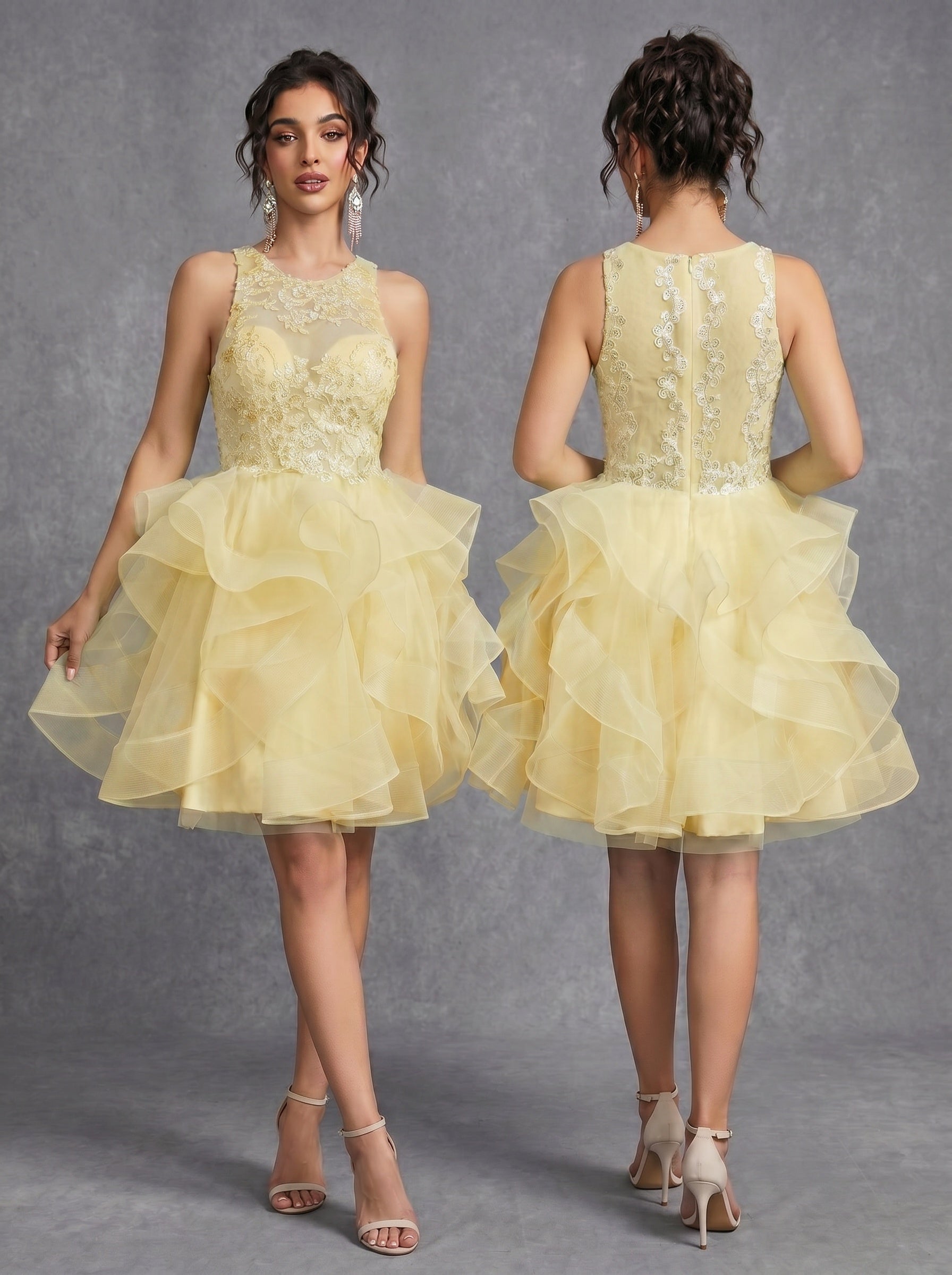 Irregular skirt layered sequins appliques tulle prom dress