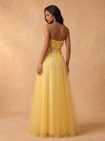 Sunflower appliques tulle prom dress