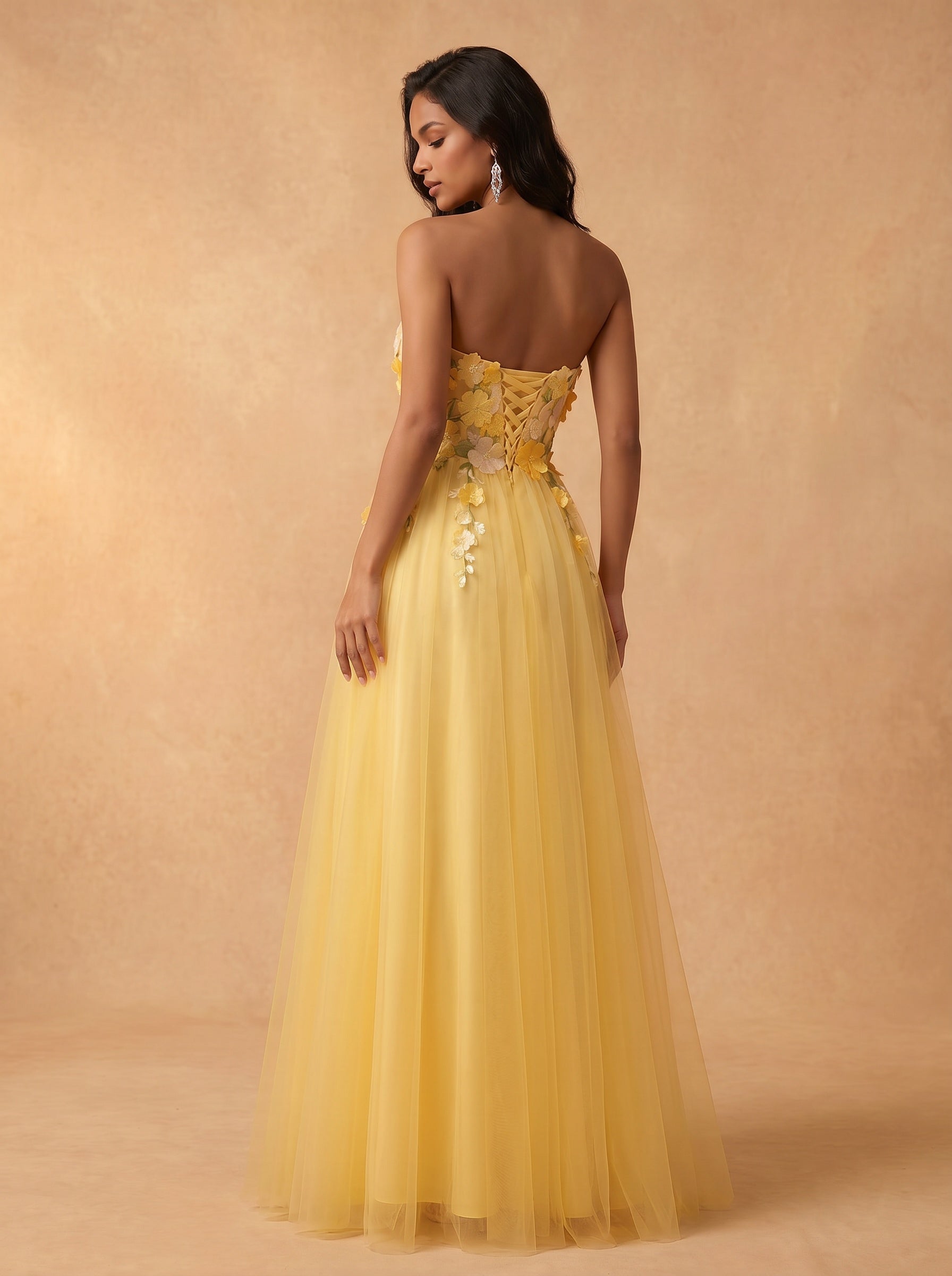 Sunflower appliques tulle prom dress