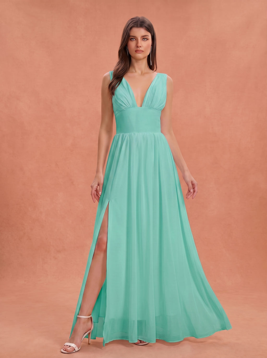 Ruched bust side slit Chiffon bridesmaid dress