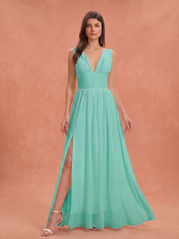 Ruched bust side slit Chiffon bridesmaid dress