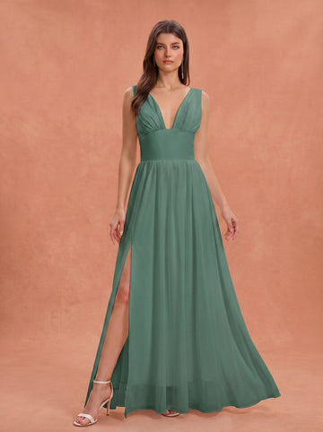 Ruched bust side slit Chiffon bridesmaid dress