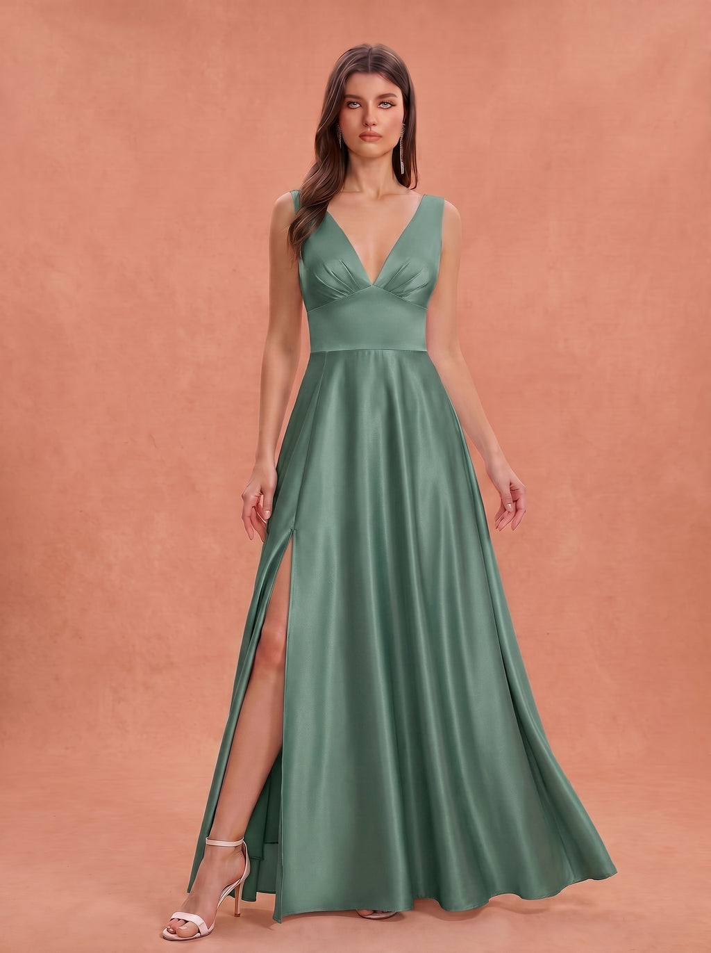 Ruched bust side slit satin bridesmaid / guest dress