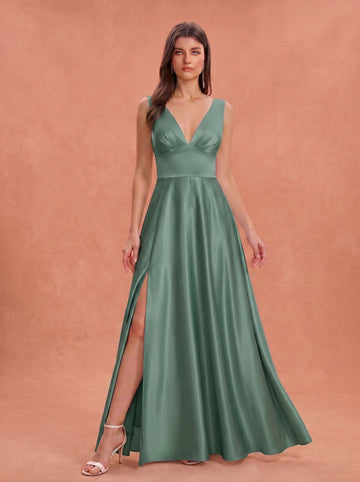 Ruched bust side slit satin bridesmaid / guest dress