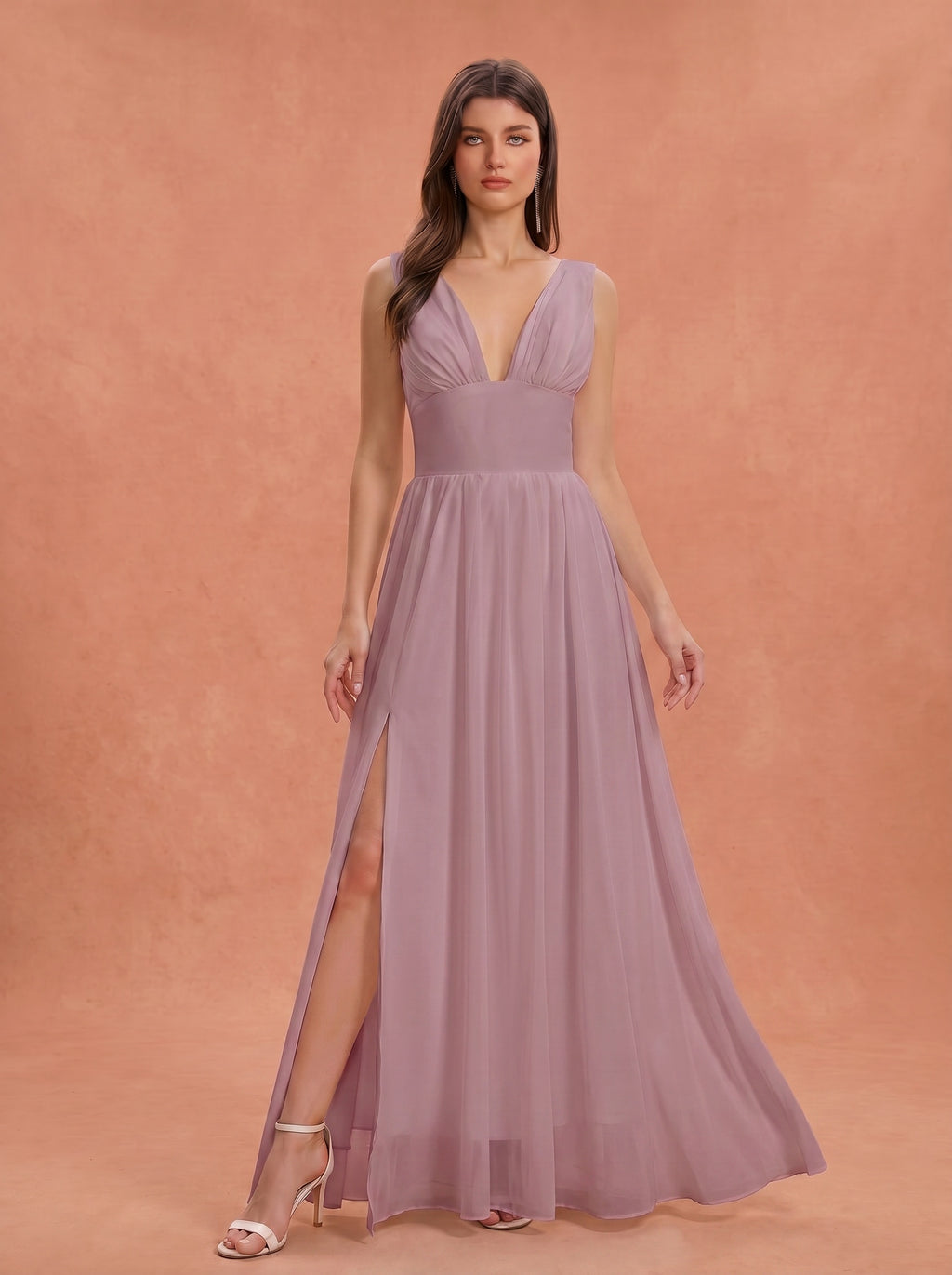 Ruched bust side slit Chiffon bridesmaid dress
