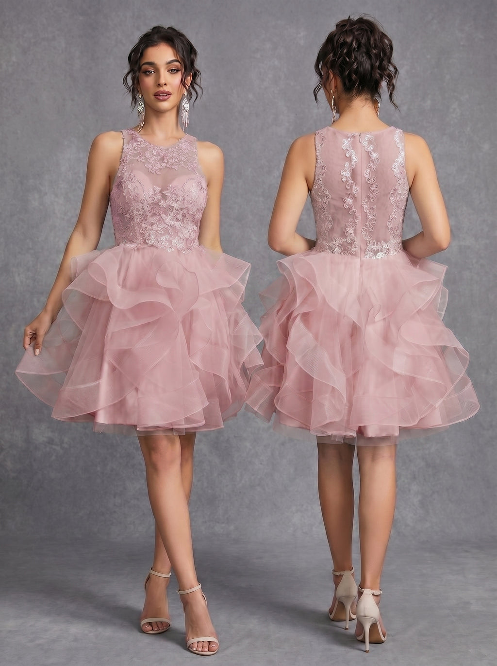 Irregular skirt layered sequins appliques tulle prom dress