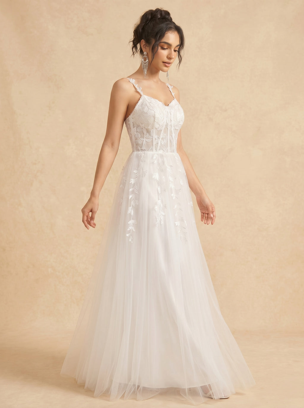 Leaves appliques tulle prom dress
