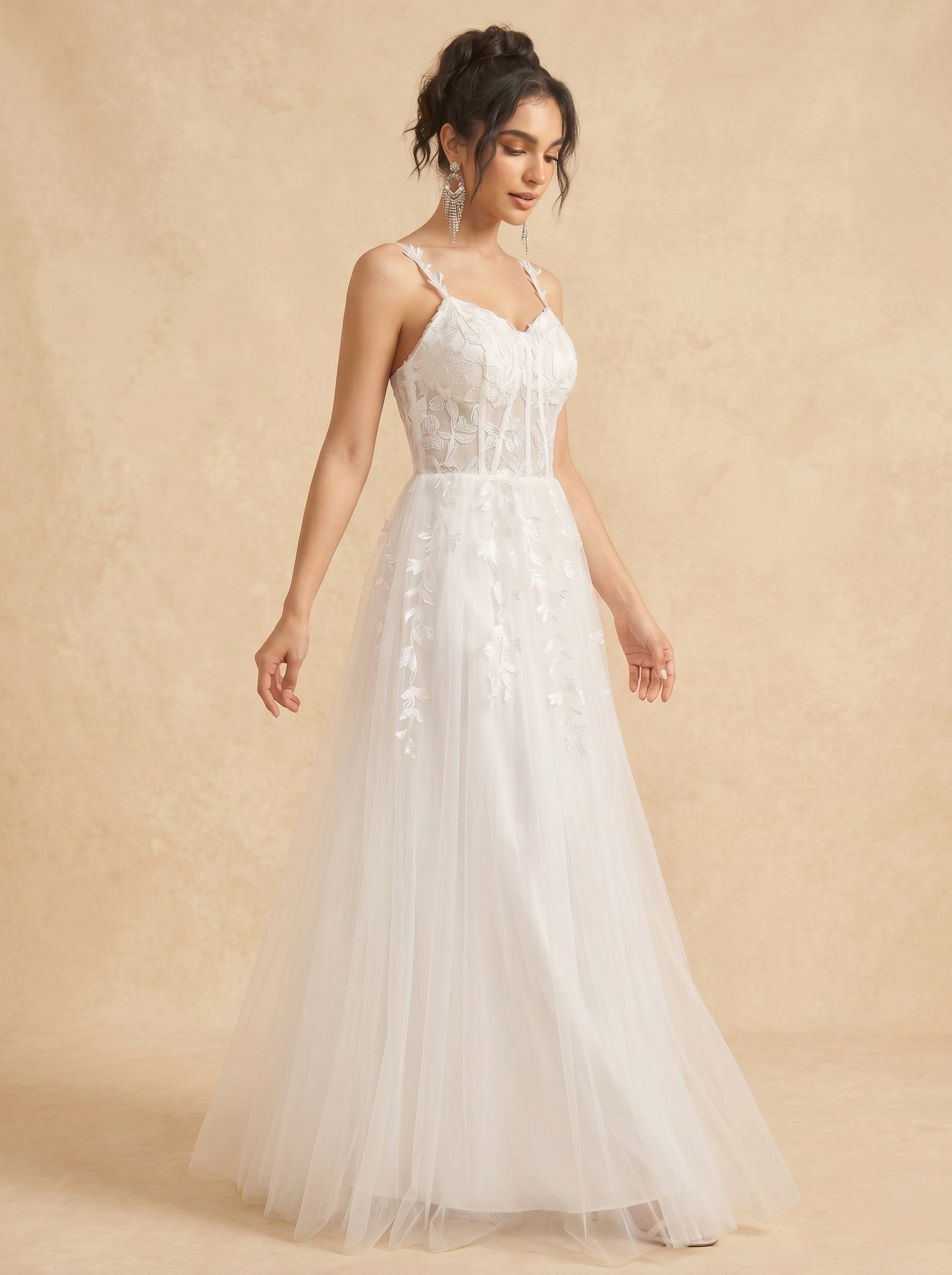 Leaves appliques tulle prom dress