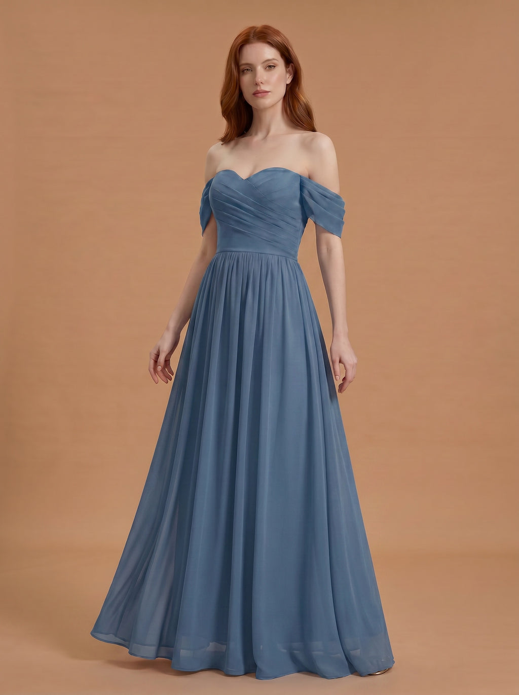 Off shoulder ruched bust Chiffon bridesmaid dress